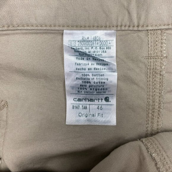 NEW Carhartt B147 TAN Original Fit Canvas Work Shorts Mens 46 x 10 Cotton - Picture 6 of 11